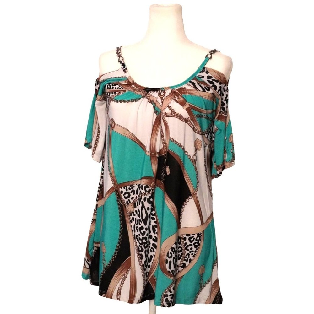 Basix of America Don't Miss Out Blouse Cold Shoulder Rhinestones Top Womens Size